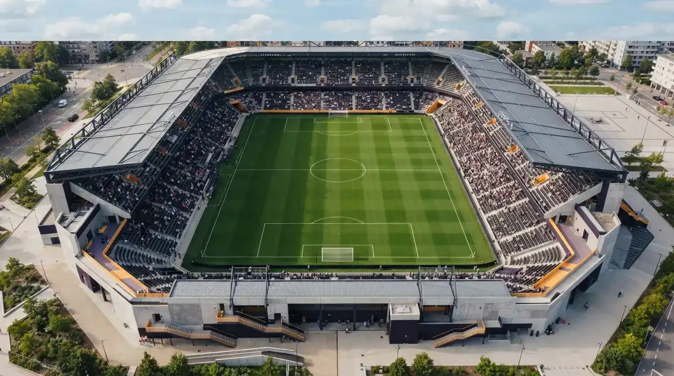Fußballfeld mit Tribünen aus der Vogelperspektive