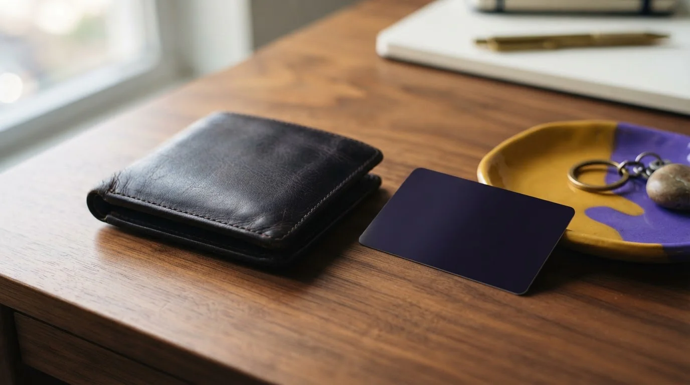 Geldbörse mit Bankkarte auf einem Holztisch