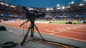 Fernsehkamera am Rand einer Leichtathletikbahn