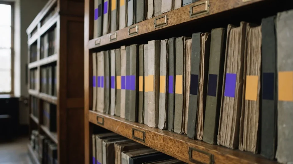 Archivregal mit mehreren geordneten Aktenordnern