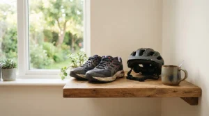 Laufschuhe und Fahrradhelm auf einer Ablage am Fenster
